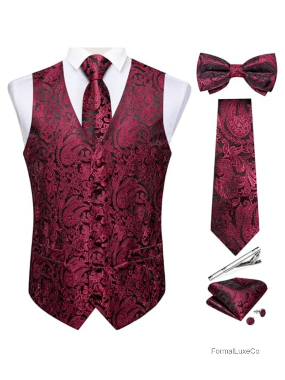 Men's Silk Paisley Vest Necktie Set 6PC Pre-tied Bow Tie Formal Waistcoat